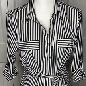 Black and White Stripe Belted Midi Dress Ft Pocket